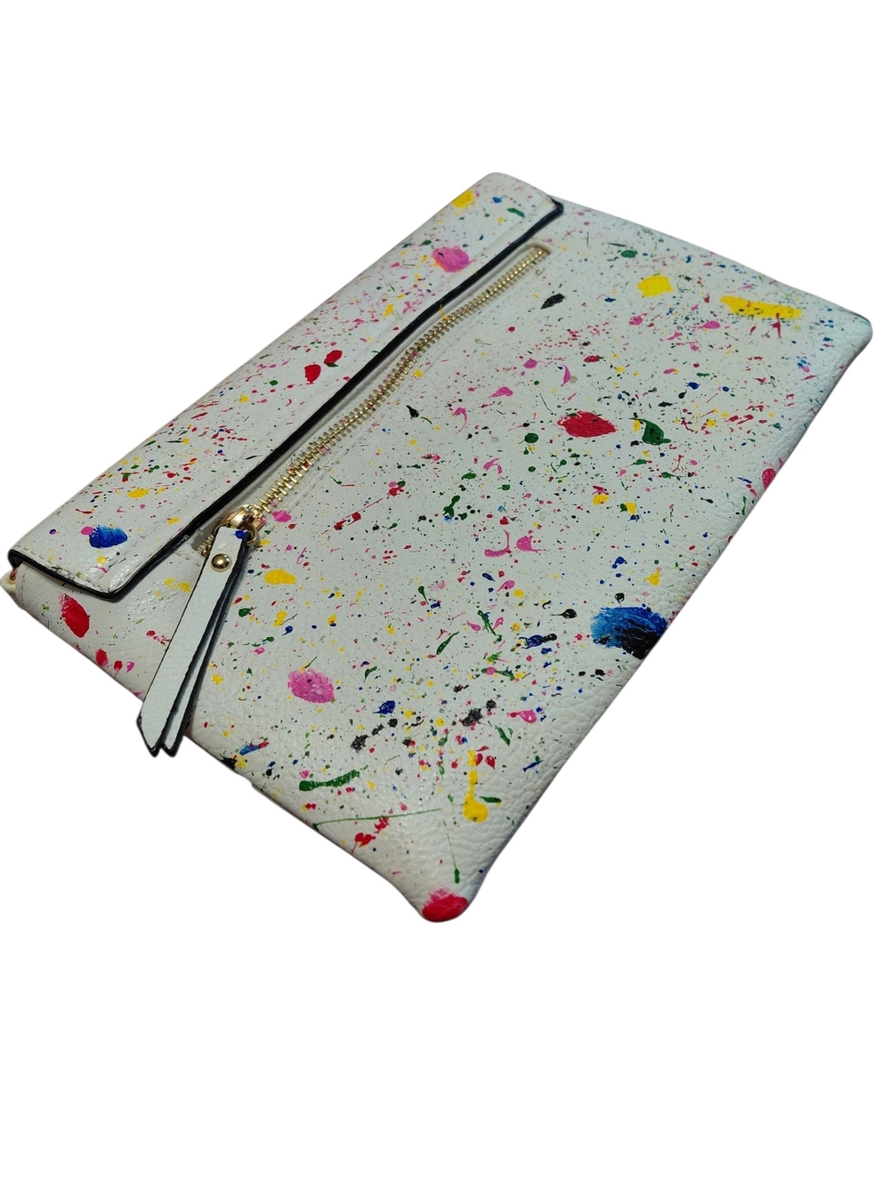 White Multicolor 80-90s Paint-Splatter Clutch with Gold Hardware - Picture 3 of 6